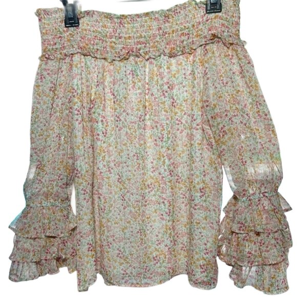 NWT CeCe Off Shoulder Smocked Floral Ruffle Cuff Blouse L Romantic Boho - Picture 6 of 13